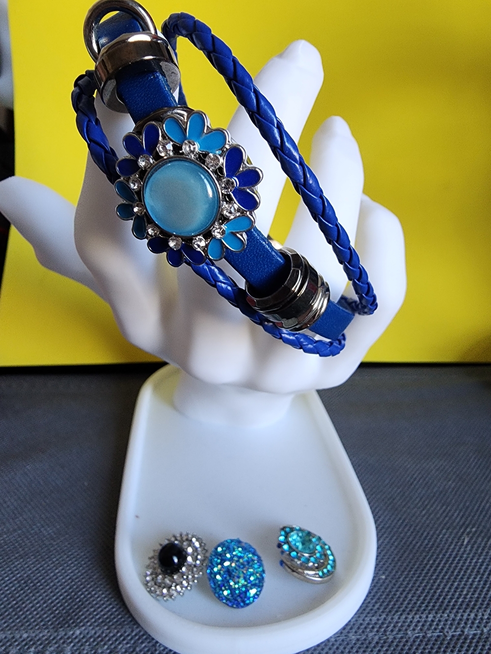 Blue Floral Charm Braided Leather Bracelet